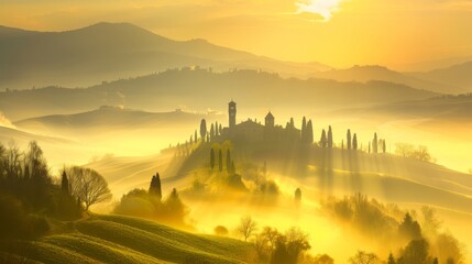  A majestic castle in a hazy valley, surrounded by verdant hills and towering trees