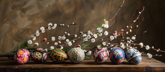 Paschal-themed still life featuring Pysanky Easter eggs and pussy willow branches. The Easter eggs are adorned using the traditional wax resist method typical in Eastern European traditions. - obrazy, fototapety, plakaty