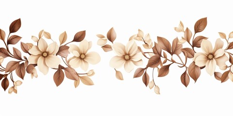Tan thin barely noticeable flower frame with leaves isolated on white background pattern