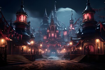Fantasy temple at night with fog. 3d rendering illustration.