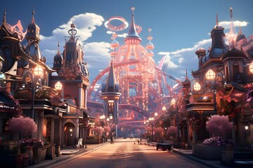 Amusement park at night, Moscow, Russia. Panorama