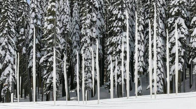  A cluster of conifers coated in white nestled near an expansive stand of tall, slender snow-clad trees