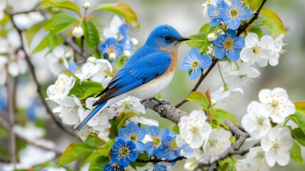  A blue bird perched on a tree branch with white and blue flowers in focus, while the background remained blurred