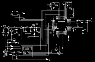 Schematic diagram of electronic device.
Vector drawing electrical circuit with capacitor, led,
resistor, port usb, integrated circuit, 
antenna, transistor, coil,
microcontroller, other components.