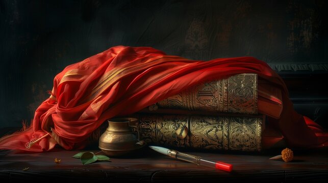 An elegant still life of a Haal Khata, an ornate ledger book wrapped in red cloth, with a traditional inkpot and quill beside it