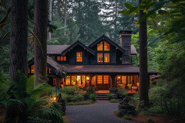 Craftsman house in the early morning, surrounded by tall trees and chirping birds - obrazy, fototapety, plakaty