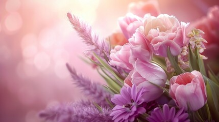  vibrant bouquet of pink tulips and additional flowers against a crisp white background with gentle boke