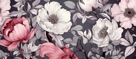 A detailed closeup of a painting portraying pink and white flowers on a dark background, showcasing the intricate patterns of the flowering plants in the Rose family - obrazy, fototapety, plakaty