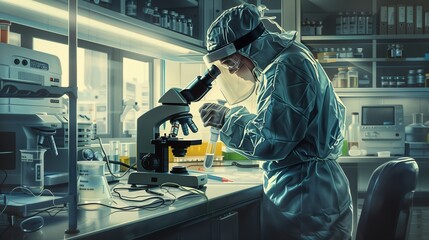 An elegant, detailed portrayal of a healthcare professional in a brightly lit, state-of-the-art laboratory, wearing protective equipment while handling a microscope, copy space for text - obrazy, fototapety, plakaty