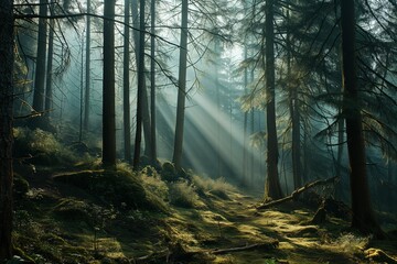Tranquil forest path bathed in ethereal sunlight