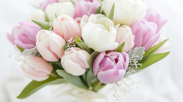  A vase of pink and white tulips with baby's breath on a white cloth