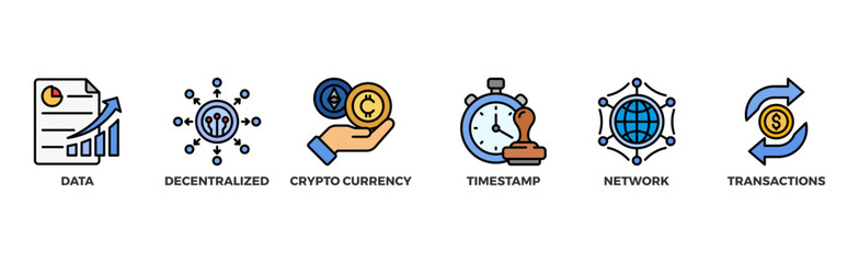 Blockchain banner web icon illustration concept with icon of data, decentralized, crypto currency, timestamp, network and transactions