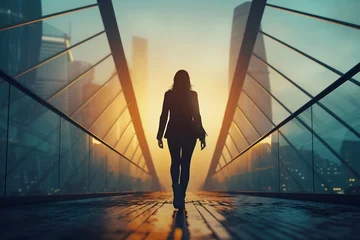 Fotobehang Silhouette of a Businesswoman Crossing the Bridge at Sunrise and Sunset. Generative ai © Scrudje