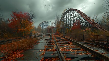 Focus on the haunting beauty of an abandoned amusement park, where overgrown roller coasters stand...