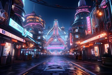 Futuristic city at night with lights. 3d rendering.