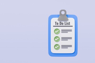 3d To do list paper sheet with checkmark icon concept. All tasks are completed. Planning sign design. Paper sheets with check mark. Minimal cartoon isolated on purple background. 3d rendering.