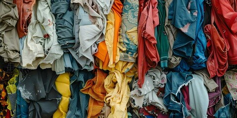Impact of discarded fashion: Colorful clothing scraps at a municipal waste sorting facility. Concept Environmental impact, Waste management, Textile recycling, Sustainable fashion - obrazy, fototapety, plakaty