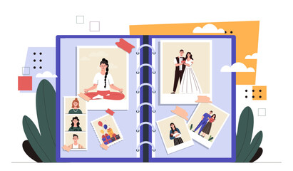 Photo album concept. Memories of life for man and woman. Yoga, wedding and marriage ceremony. Scrapbook with photographies of couple. Cartoon flat vector illustration isolated on white background