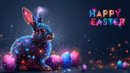 Futuristic greeting card featuring digital avatar of Easter bunny with wireframe lines and dots technology