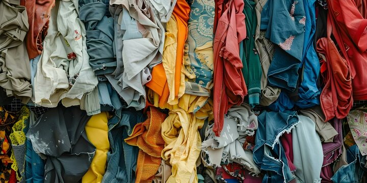 Impact of discarded fashion: Colorful clothing scraps at a municipal waste sorting facility. Concept Environmental impact, Waste management, Textile recycling, Sustainable fashion