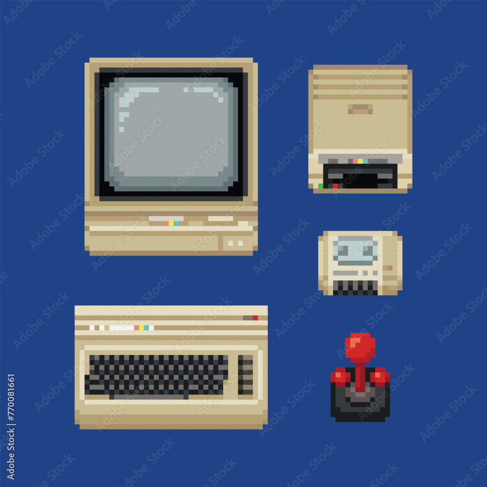 Fototapete retro computer pixel art style icons set. stickers old school design. video game 64 bit sprite. retr