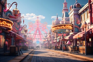 Amusement park with carousels in motion at sunset. - obrazy, fototapety, plakaty