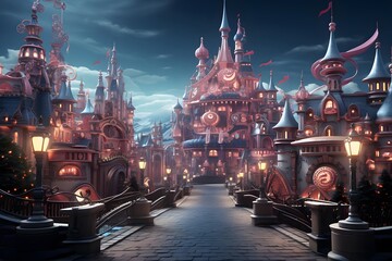 Fantasy city at night. Panoramic view. 3D rendering