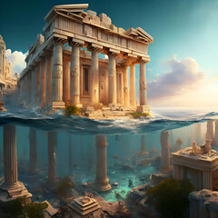 Construction with columns of lost Atlantis world over and under water. Lost ancient civilization. Ai generated - obrazy, fototapety, plakaty