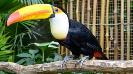 Fototapeta premium A toucan perches on a branch in front of a caged area with lush green plants and a vibrant yellow-and-black toucan