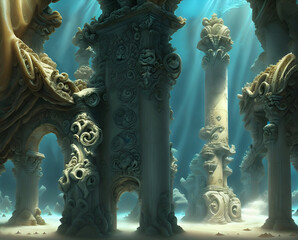 Construction with columns of lost Atlantis or Lemuria  world under water. Lost ancient civilization. Ai generated