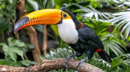 Fototapeta premium A toucan, perched on a branch, surrounded by palms and foliage, in a tropical setting