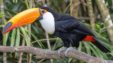Fototapeta premium A vibrant toucan perches on a tree limb amidst a lush, verdant forest of foliage