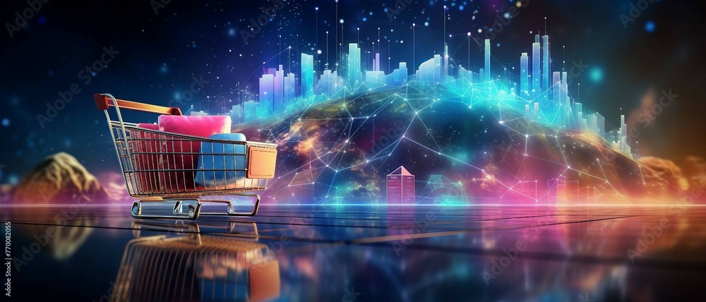 Poster e-commerce metrics futuristic background for online retail analytics. dynamic data visualization, ch