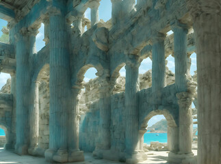 Construction with columns of lost Atlantis world. Lost ancient civilization. Ai generated