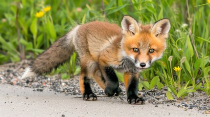  A close-up photograph of a tiny fox on a rural road surrounded by a lush grass and flower field, with sunflowers prominently featured