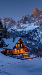 Dawn at a Craftsman house with a snow-covered Alpine backdrop, the first light painting the peaks orange