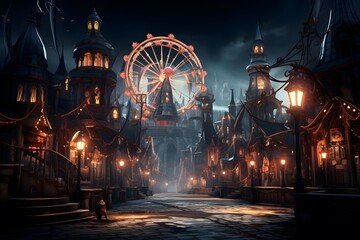 Amusement park at night with ferris wheel and lanterns - obrazy, fototapety, plakaty