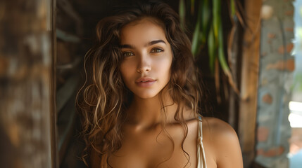 Naklejka premium Portrait of a beautiful woman with curly hair at sunny day