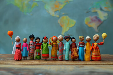 Multi cultural Human figures standing in front of world globe map, human puppet figures near globe, world population and ethnicity concept banner, Handmade figures of people wear traditional clothes