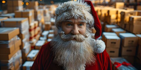 Santa Claus in a warehouse filled with cardboard boxes, preparing for Christmas gift delivery. Concept Santa Claus, Christmas preparation, Gift delivery, Warehouse, Cardboard boxes