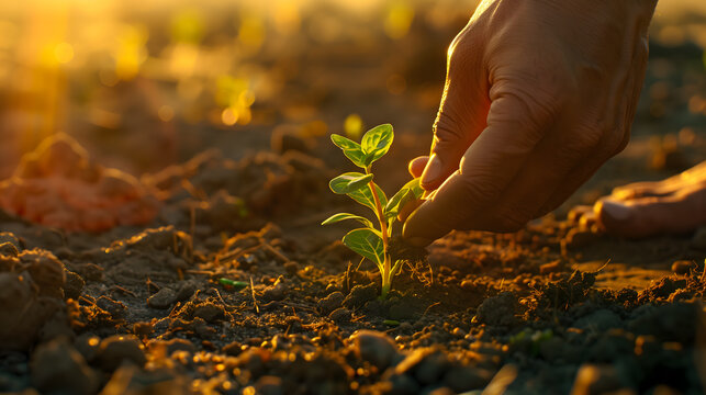 A man's hand plants a fresh green sprout in the soil on a sunny day. Erth Day design concept