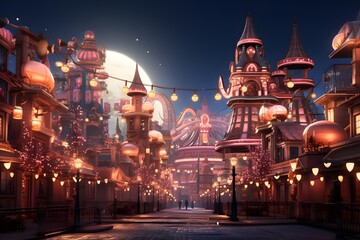 Amusement park at night with a full moon. 3d rendering