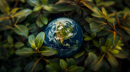 A small planet Earth surrounded by green leaves. Erth Day design concept