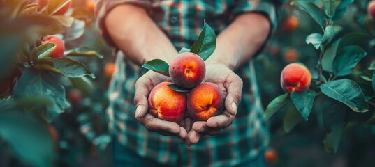 Hand holding ripe nectarine with selection on blurred background, copy space available
