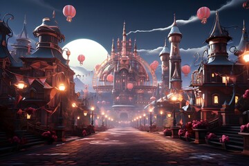 3d illustration of a fantasy town at night with lanterns.