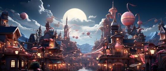 Fantasy landscape with a city in the night. 3D rendering