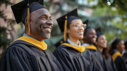 Portrait of a happy group of mature students of different races after receiving their university diplomas.
