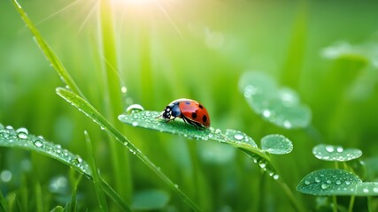 Fototapeta premium Morning Fresh Nature Background with Ladybug on Leaf - Wildlife, Biodiversity, Eco-Friendly Harmony, and Serene Natural Beauty