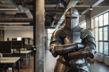 A medieval knight in shining armor stands guard, an anachronism within the contemporary office setting behind