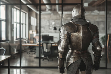 A knight in full armor stands ready, juxtaposing medieval valiance with the modernity of an office backdrop